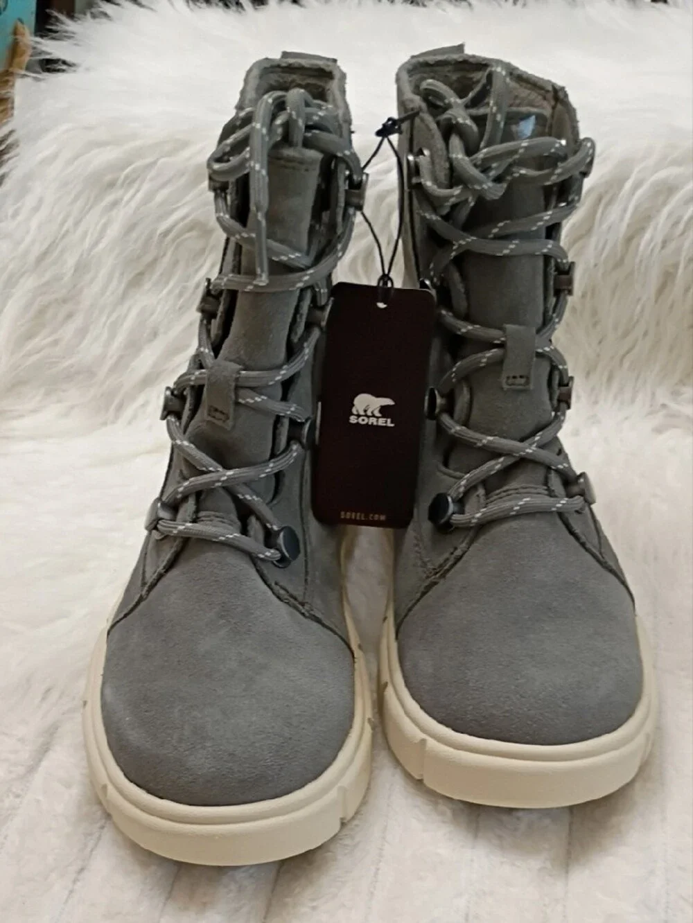 Sorel Gray Explorer III Joan Suede Waterproof LaceUp Waterproof Boots Cream Sole